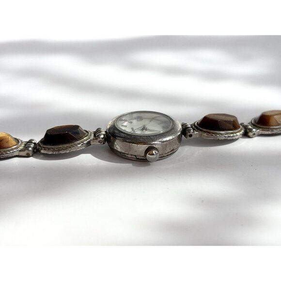 Faux Tiger's Eye Scarab Silver Toned 90's Vintage Wristwatch - 22mm - WORKS! - Picture 8 of 12